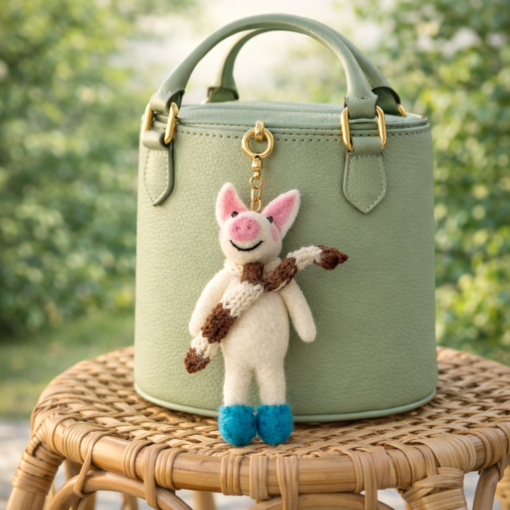 Green handbag with a plush pig keychain on a wicker stool outdoors.