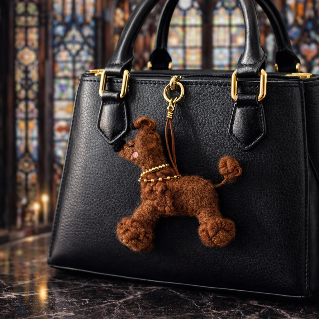 Black handbag with a brown dog-shaped keychain in front of stained glass windows