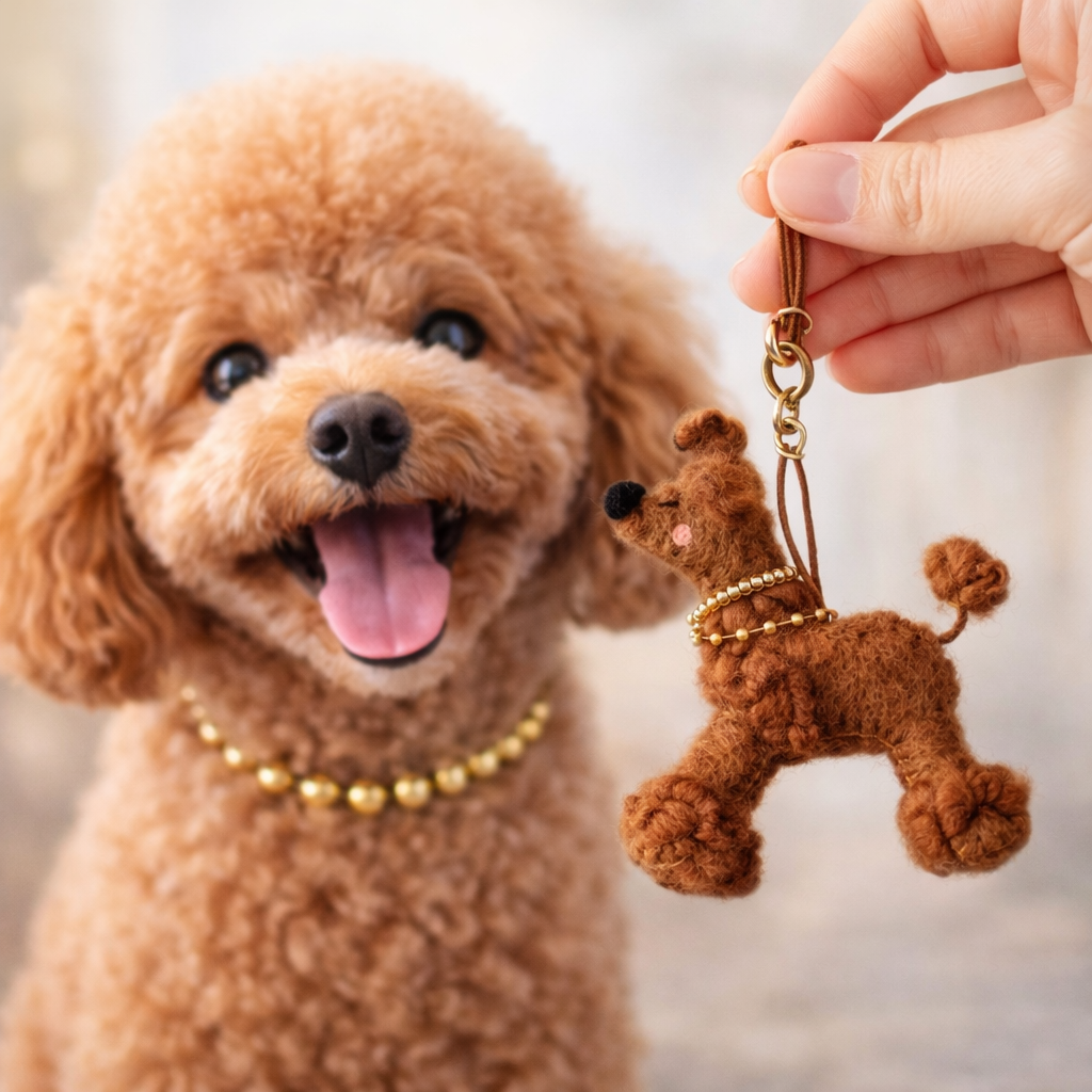 Brown poodle with a keychain shaped like a dog