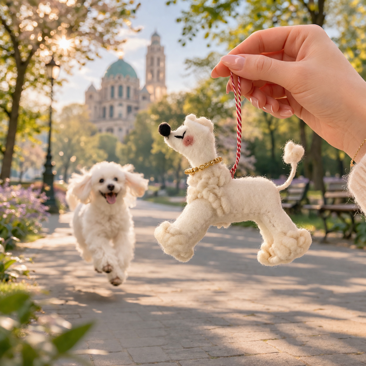 White poodle toy being held by a hand with a real white poodle running in a park.