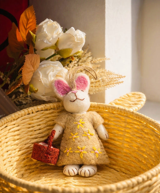 Handmade Felt Rabbit Keycharm with yellow dress smile