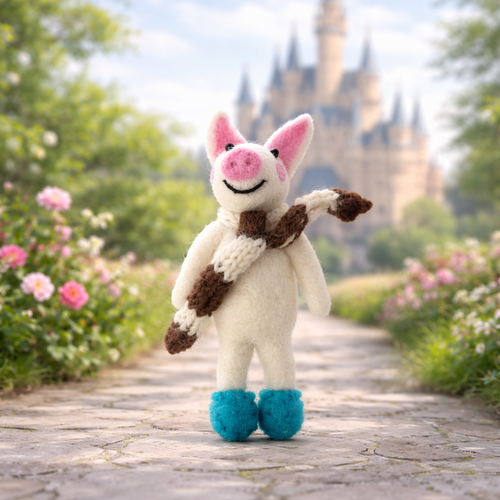 Handmade felt pig doll standing in a garden with a blurred castle background, soft aesthetic style.