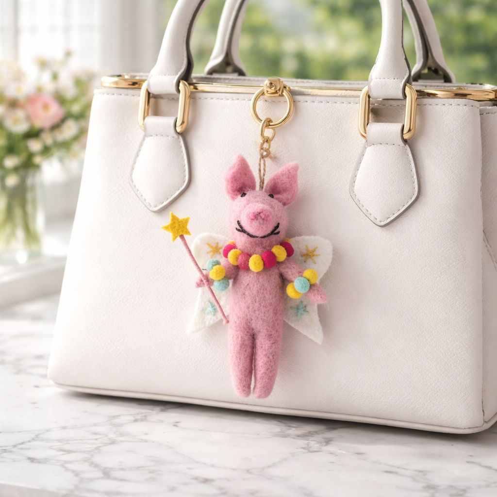 White handbag with a pink fairy pig keychain on a marble surface.