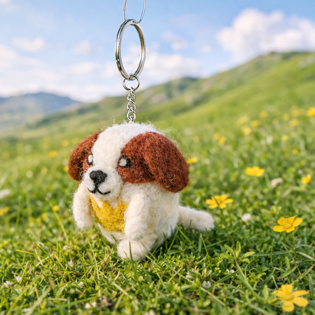 needle felted dog keychain handmade wool felt puppy ornament cute animal gift outdoor grass field